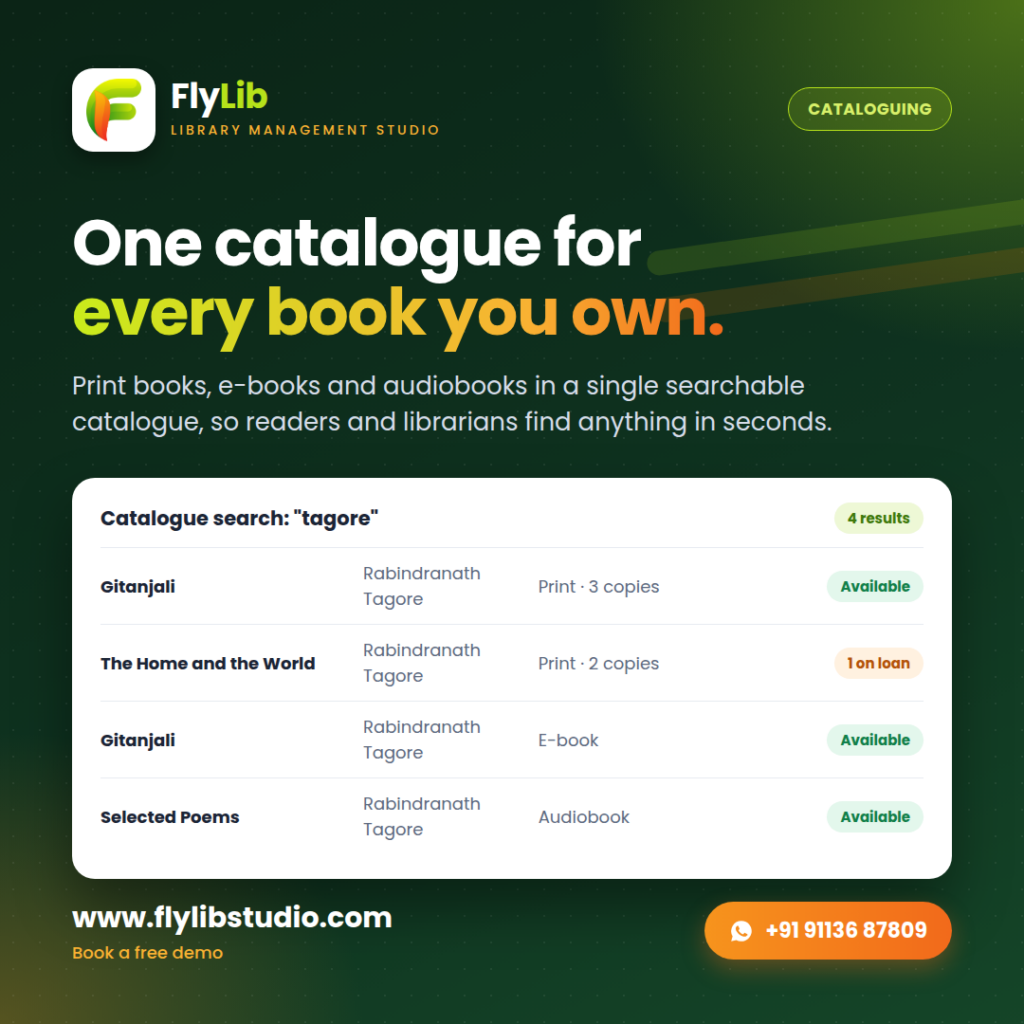 FlyLib catalogue search showing print, e-book and audiobook results for one author