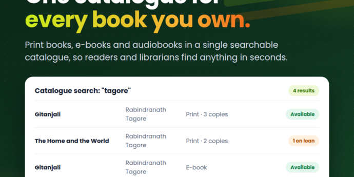 FlyLib catalogue search showing print, e-book and audiobook results for one author