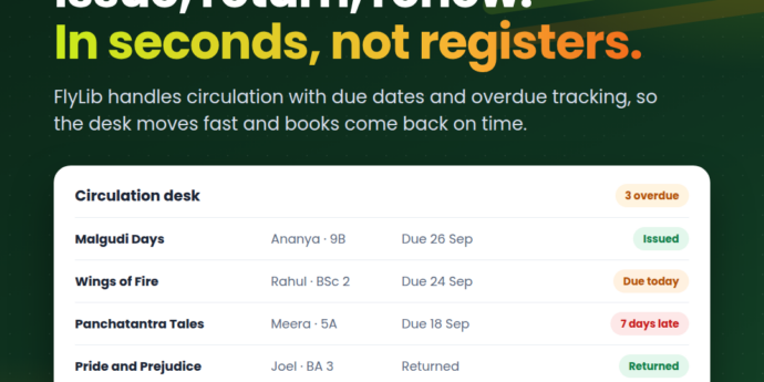 FlyLib circulation desk with issued, due today and overdue books