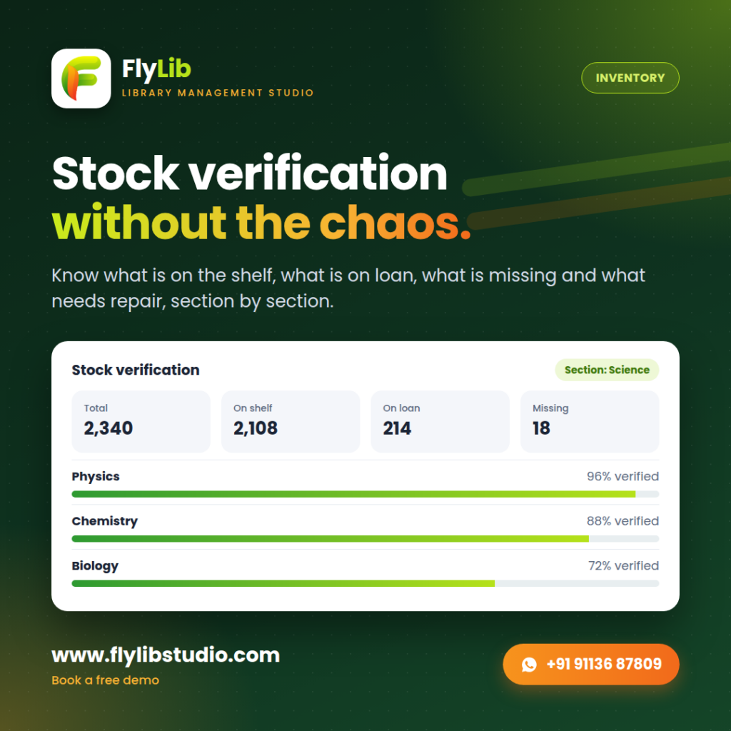 FlyLib stock verification by section with on shelf, on loan and missing counts