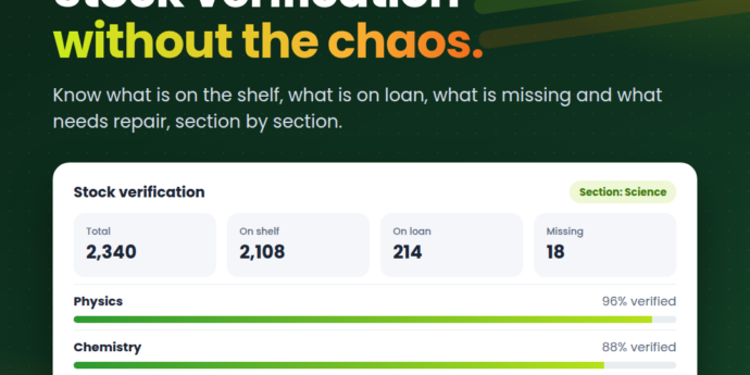 FlyLib stock verification by section with on shelf, on loan and missing counts