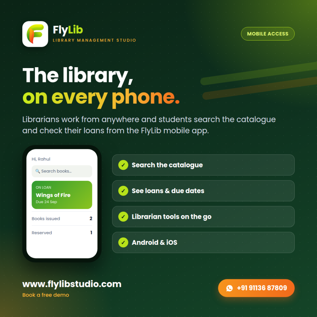 FlyLib mobile app for students showing catalogue search and a book on loan