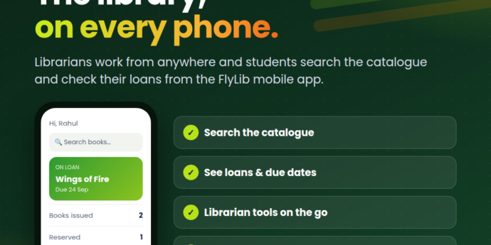 FlyLib mobile app for students showing catalogue search and a book on loan