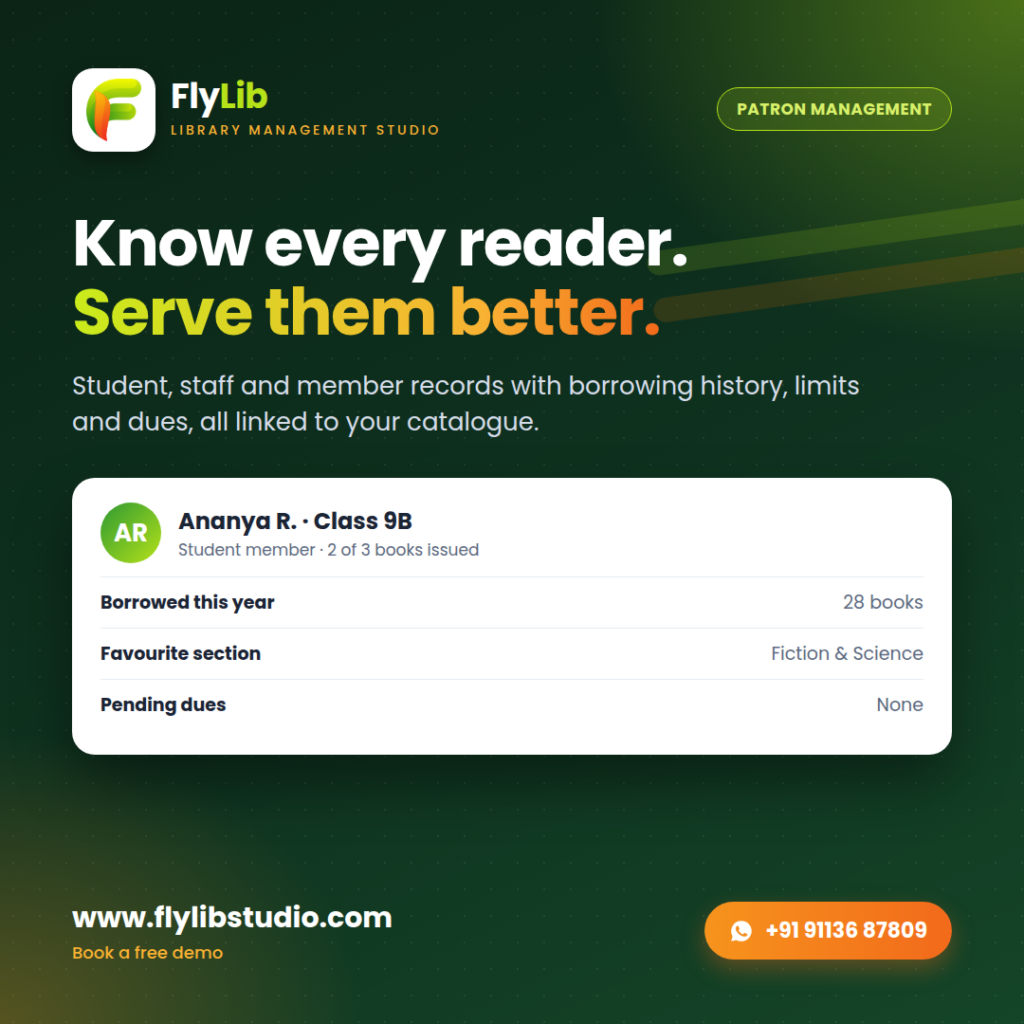 FlyLib patron record showing a student's borrowing history and dues
