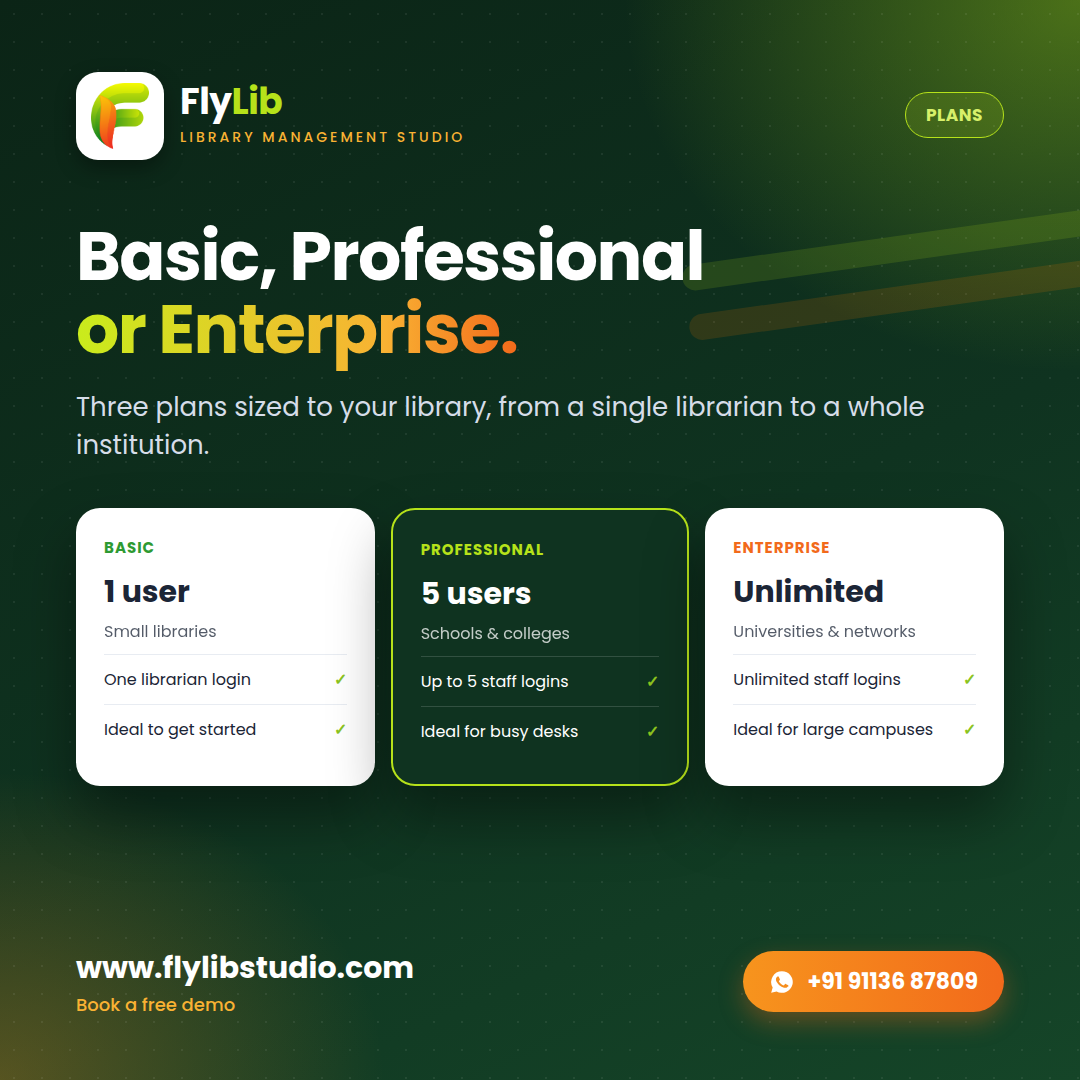 FlyLib plans: Basic 1 user, Professional 5 users, Enterprise unlimited users