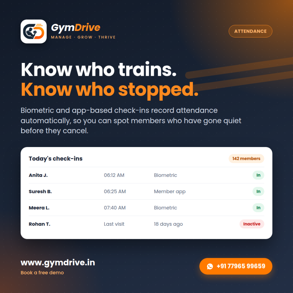 GymDrive gym attendance log with biometric and member app check-ins