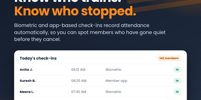 GymDrive gym attendance log with biometric and member app check-ins