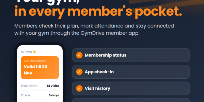 GymDrive member app showing membership validity, visits and check-in