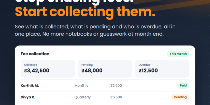 GymDrive fee collection screen with collected, pending and overdue gym fees