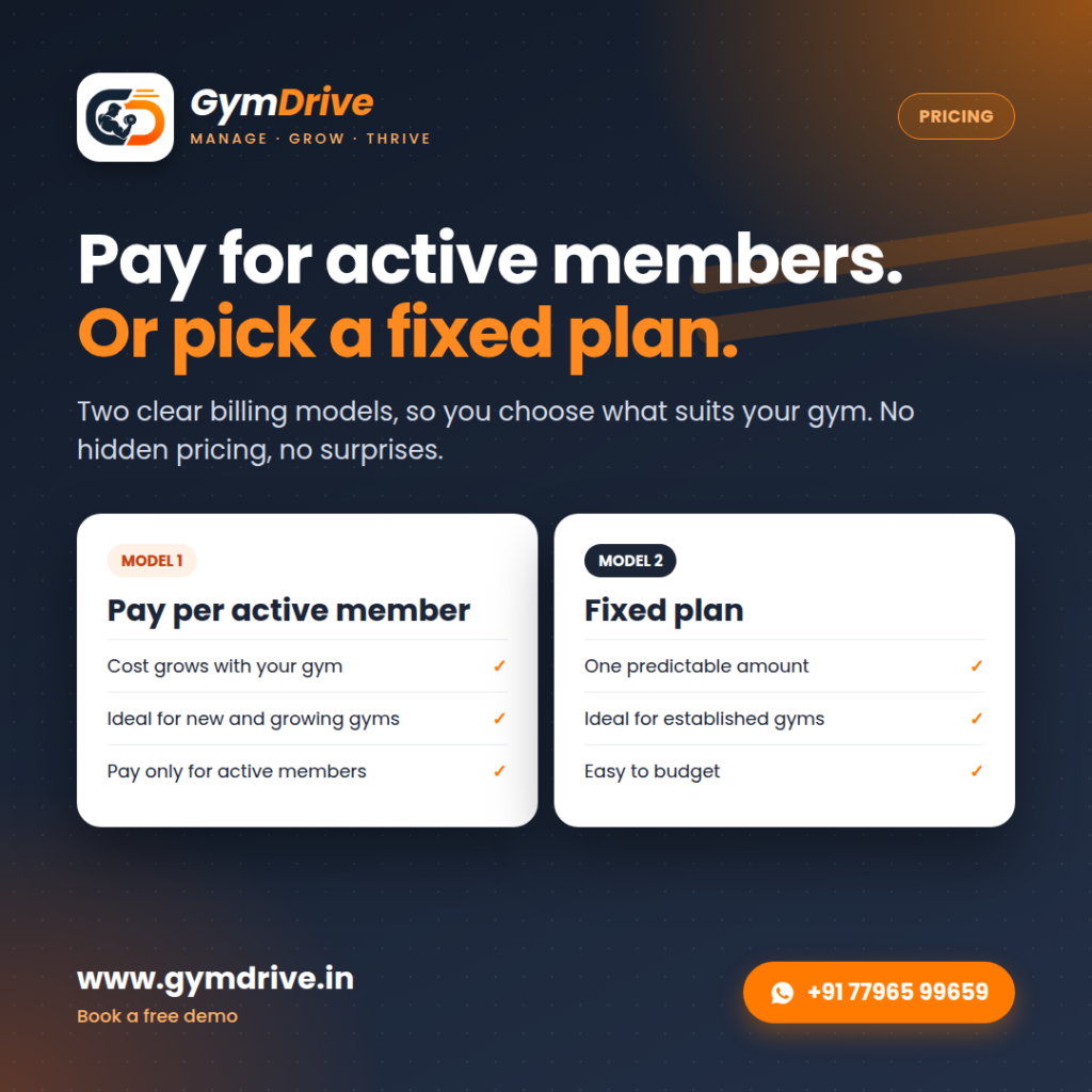 GymDrive pricing models: pay per active member or a fixed plan
