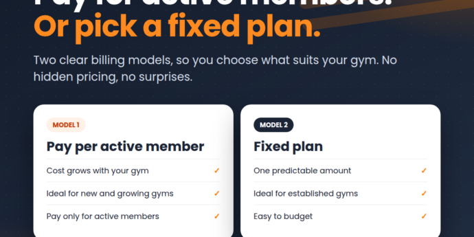 GymDrive pricing models: pay per active member or a fixed plan