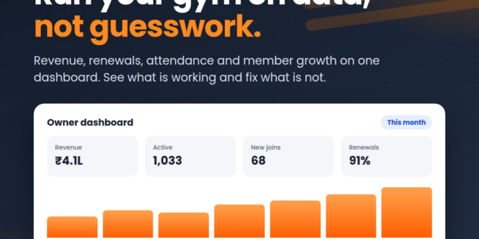 GymDrive owner dashboard with revenue, active members, new joins and renewal rate