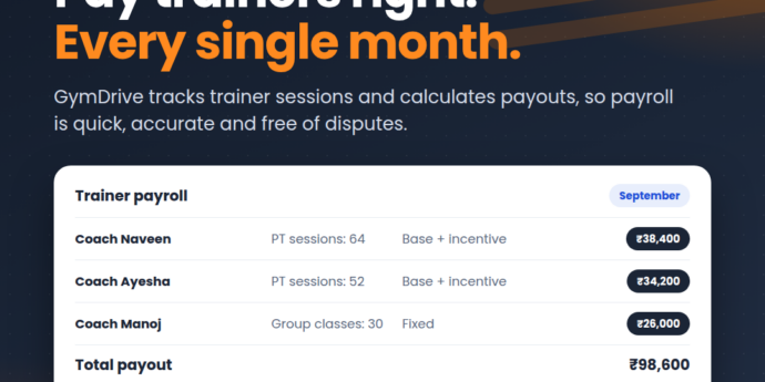 GymDrive trainer payroll with sessions and monthly payouts per trainer