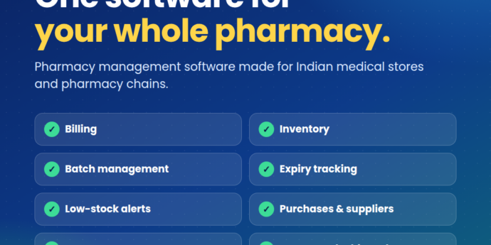 PharmaDesk features: billing, inventory, batch management, expiry tracking, low-stock alerts, purchases, customers, reports and dashboard
