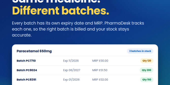 PharmaDesk batch management showing one medicine in three batches with different expiry dates and MRPs