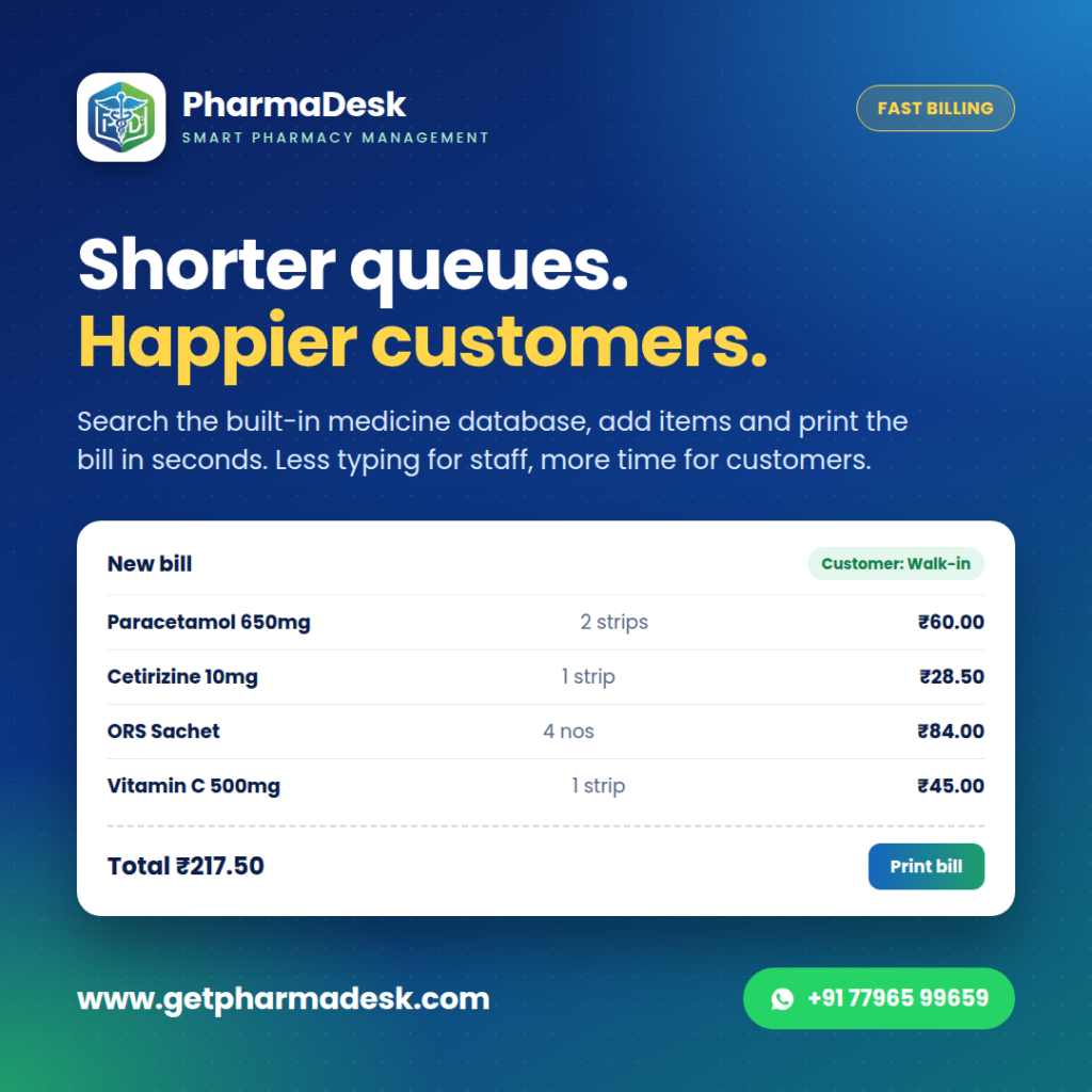 PharmaDesk billing screen with medicines added to a bill and a print bill button