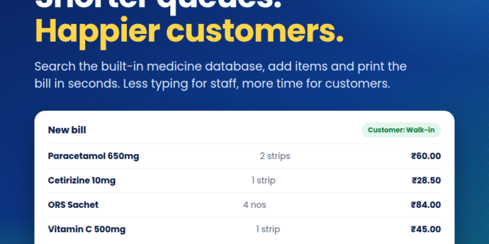 PharmaDesk billing screen with medicines added to a bill and a print bill button