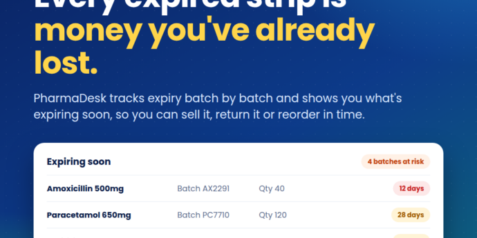 PharmaDesk expiry tracking screen listing medicine batches expiring soon, with days left for each batch