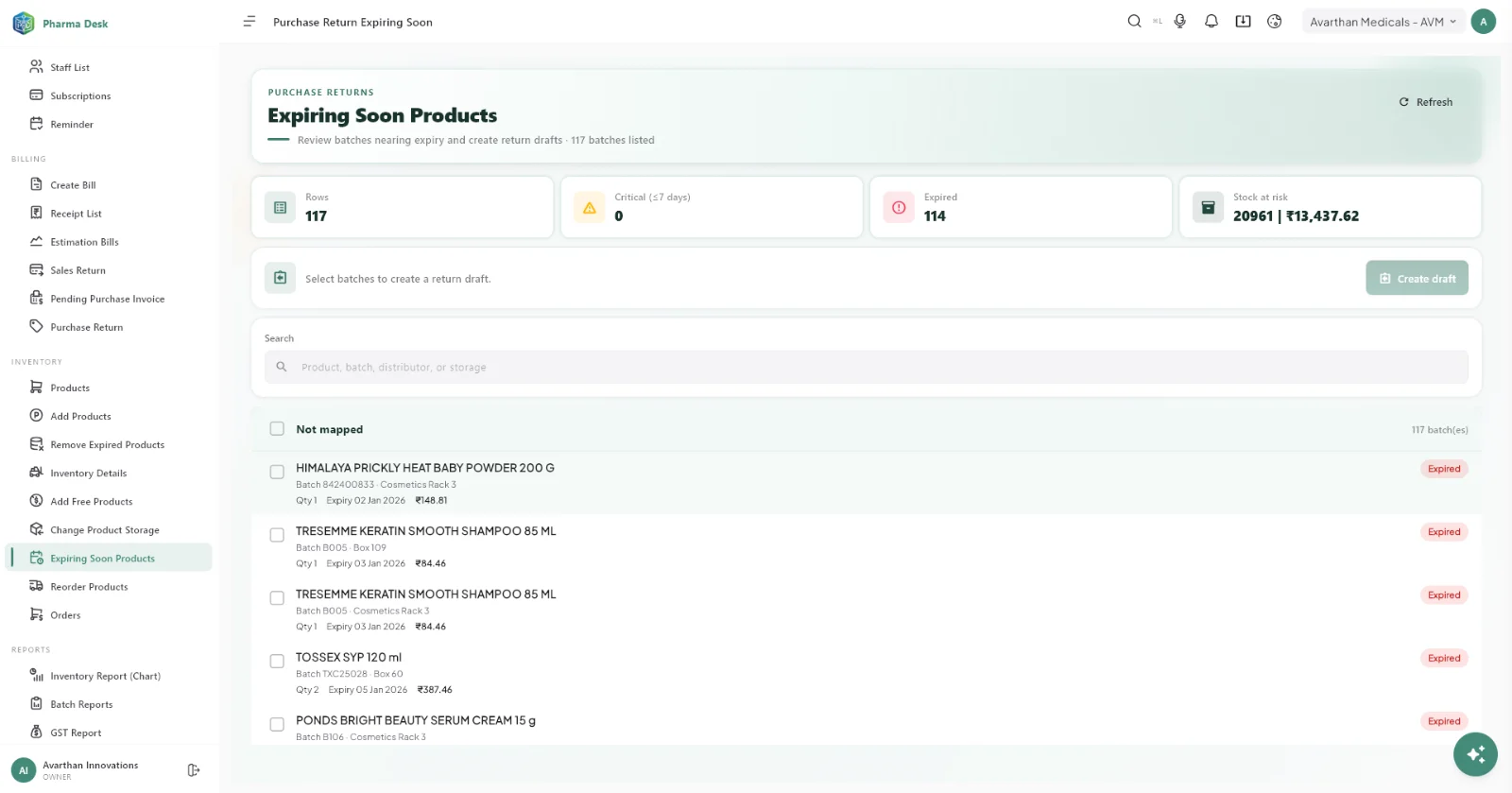 PharmaDesk expiring soon products screen listing batches with expiry dates, quantities and stock at risk