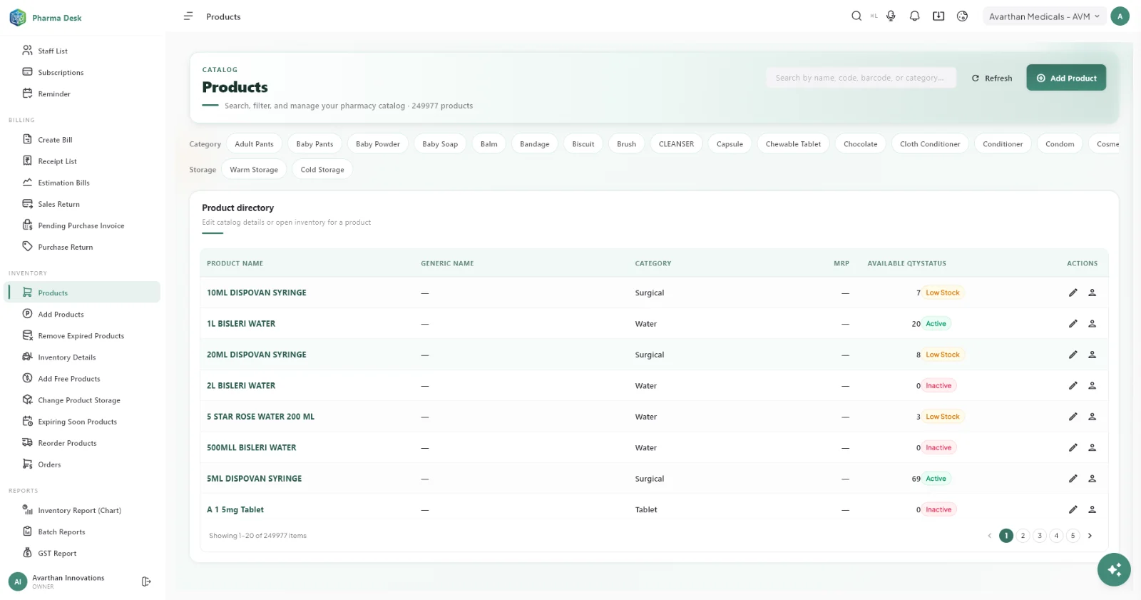PharmaDesk product catalogue with category filters, MRP, available quantity and stock status for every medicine