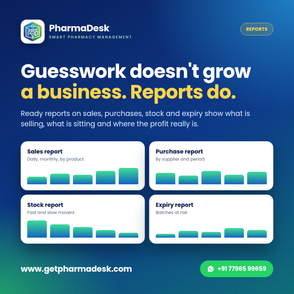 PharmaDesk sales, purchase, stock and expiry reports