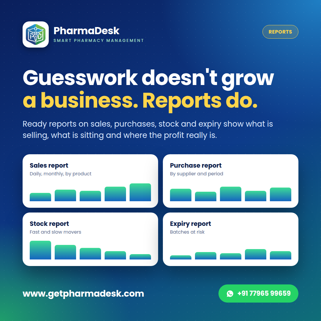 PharmaDesk sales, purchase, stock and expiry reports