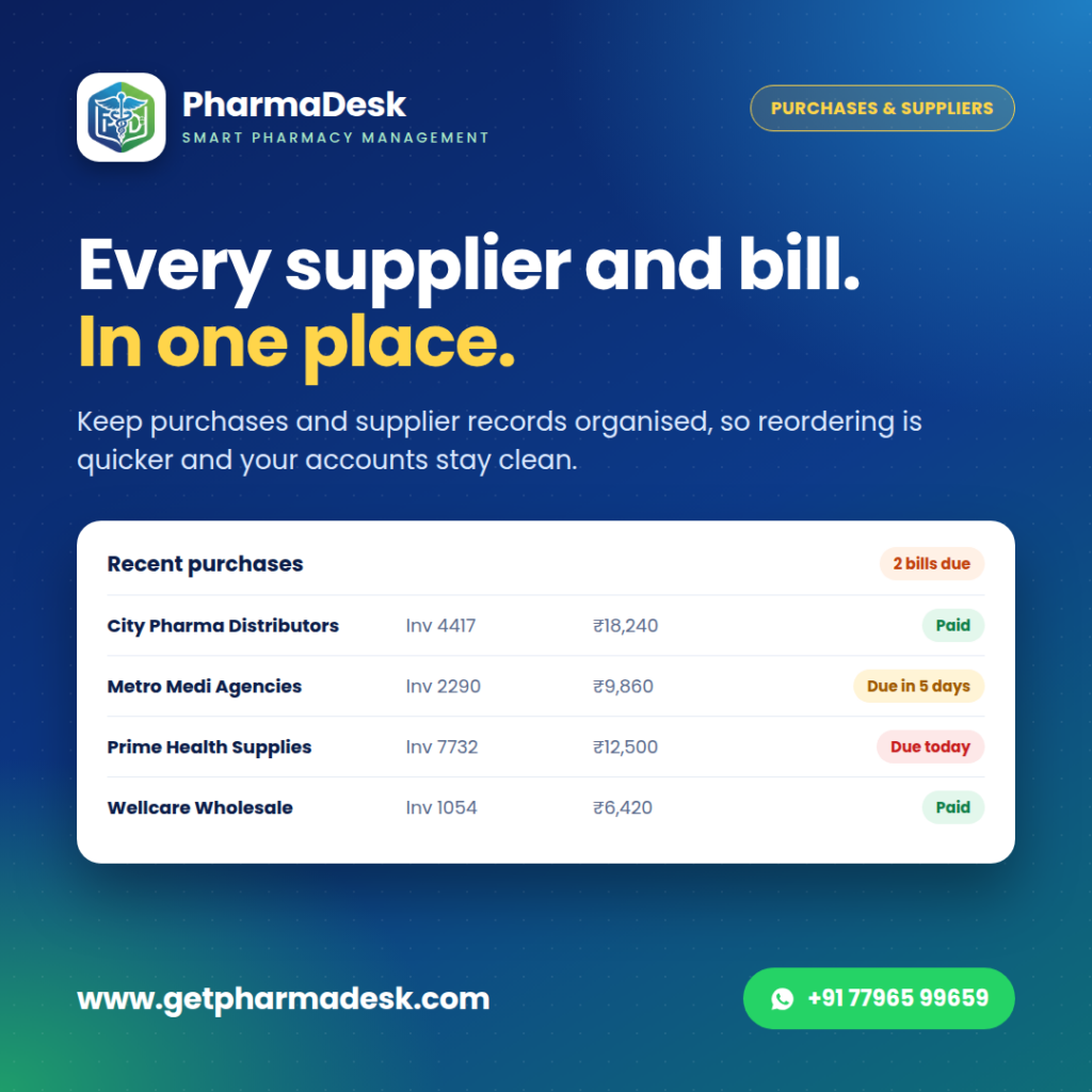 PharmaDesk purchases and suppliers list with paid and due bills