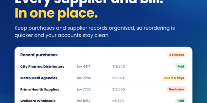 PharmaDesk purchases and suppliers list with paid and due bills