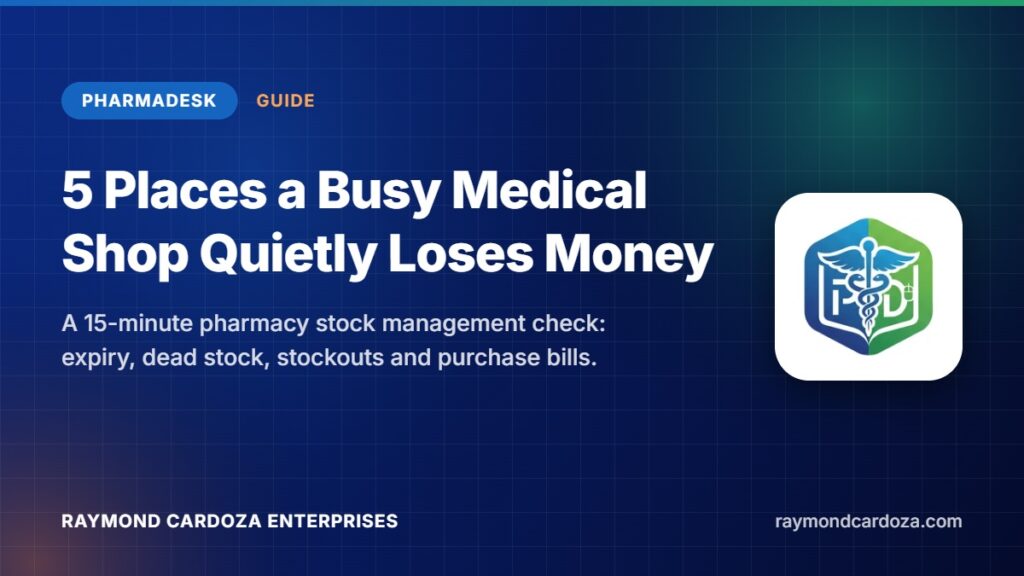 PharmaDesk guide cover: 5 places a busy medical shop quietly loses money, with the PharmaDesk logo