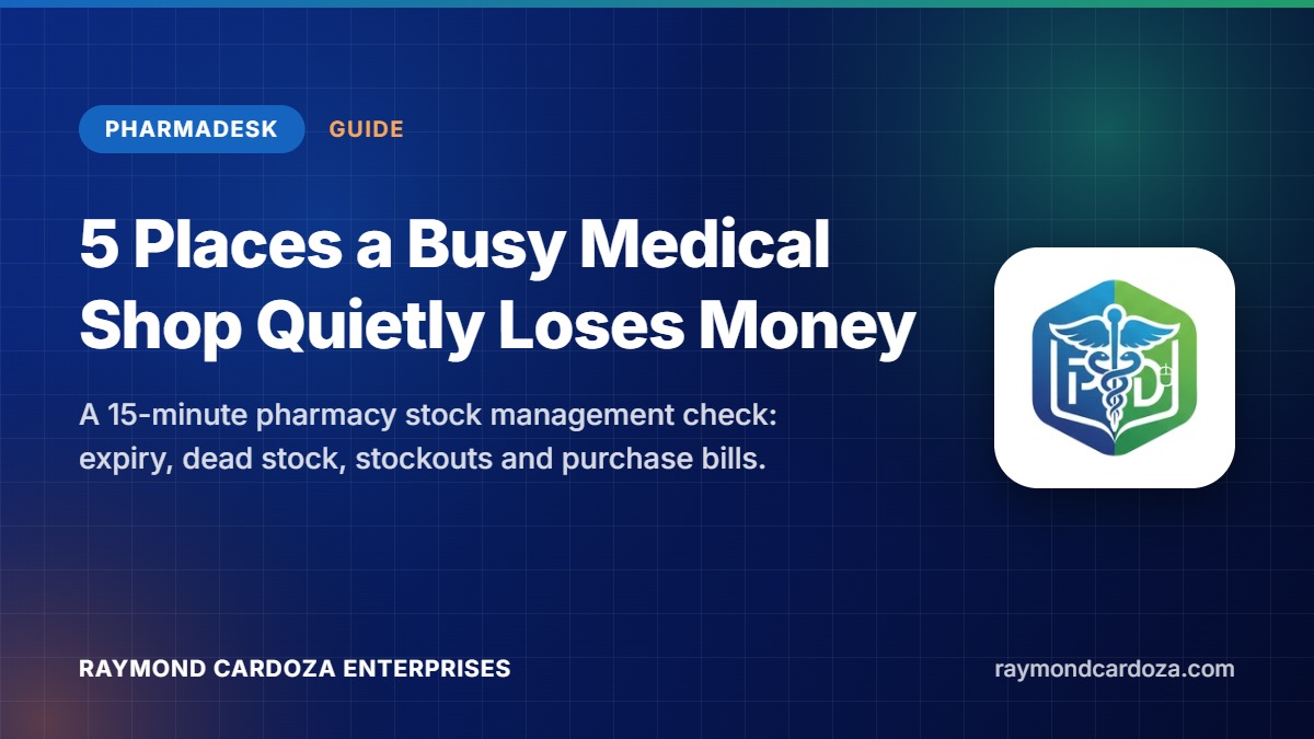 PharmaDesk guide cover: 5 places a busy medical shop quietly loses money, with the PharmaDesk logo